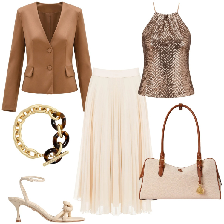 Outfit donna - Gonna midi eleganza e comfort. Stile Glamour per Cerimonia. Abbinamento con sandali in pelle, canottiere, gonne longuette, blazer, borse a mano, braccialetti.
