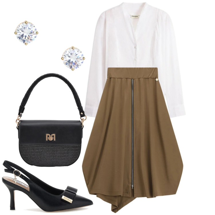 Outfit donna - La gonna trapezio. Stile Urban per Serata fuori. Abbinamento con camicie, gonne longuette, borse a spalla, orecchini, décolleté.