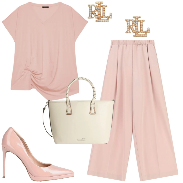 Outfit donna - Light pink. Stile Urban per Tutti i giorni. Abbinamento con décolleté, t-shirt, shopping bag, pantaloni a palazzo, orecchini.