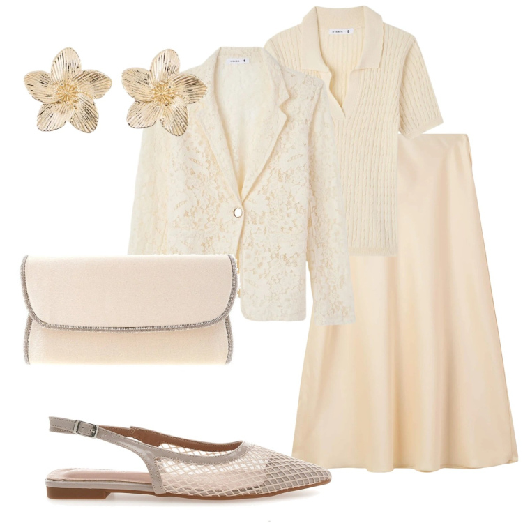 Outfit donna - Madrina al battesimo. Stile Bon Ton per Cerimonia. Abbinamento con orecchini, blazer, gonne lunghe, polo, ballerine, borse a tracolla.