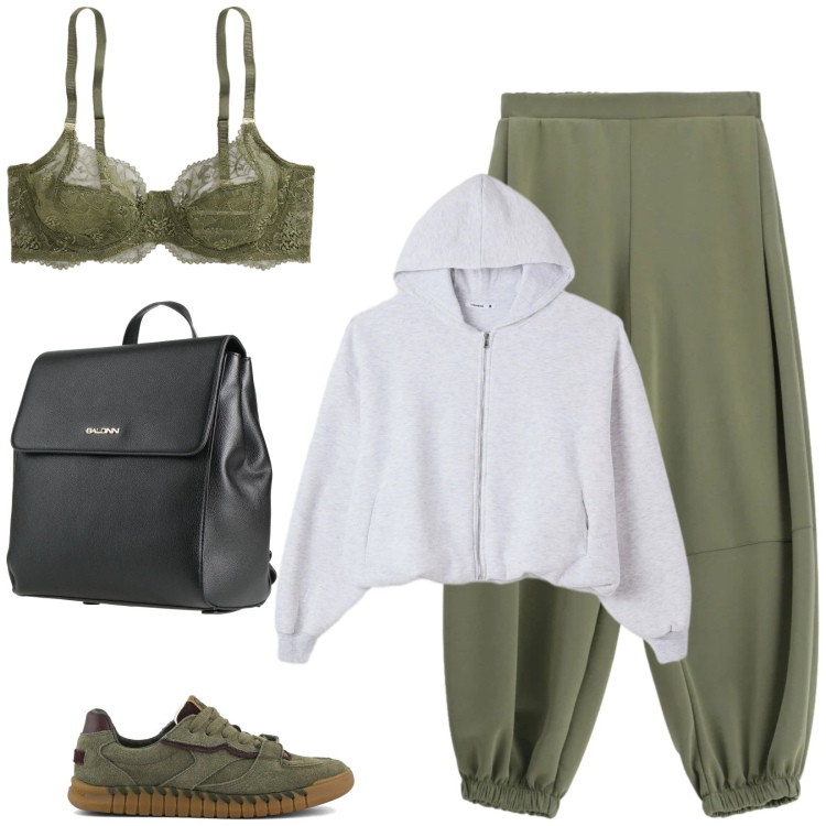 Outfit donna - Total look #2378246. Stile Sporty chic per Tutti i giorni. Abbinamento con zaini, felpe con cappuccio, pantaloni, reggiseni, sneakers.