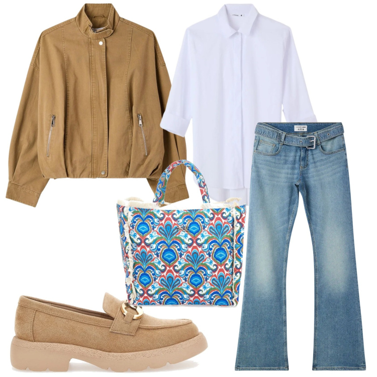 Outfit donna - Total look #2378248. Stile Casual chic per Tutti i giorni. Abbinamento con jeans a zampa, camicie, bomber, mocassini, shopping bag.