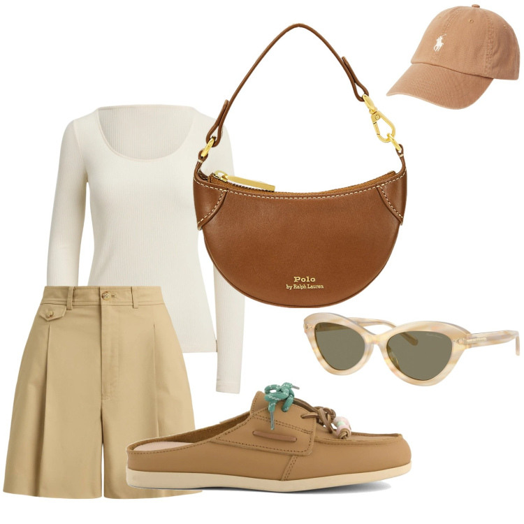 Outfit donna - Hope Martin. Stile Vintage retrò per Tutti i giorni. Abbinamento con borse a tracolla, bermuda, cappelli, t-shirt, occhiali da sole, sabot.
