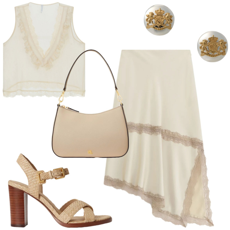 Outfit donna - Toni neutri. Stile Trendy per Tutti i giorni. Abbinamento con gonne longuette, top, orecchini, borse a spalla, sandali col tacco.
