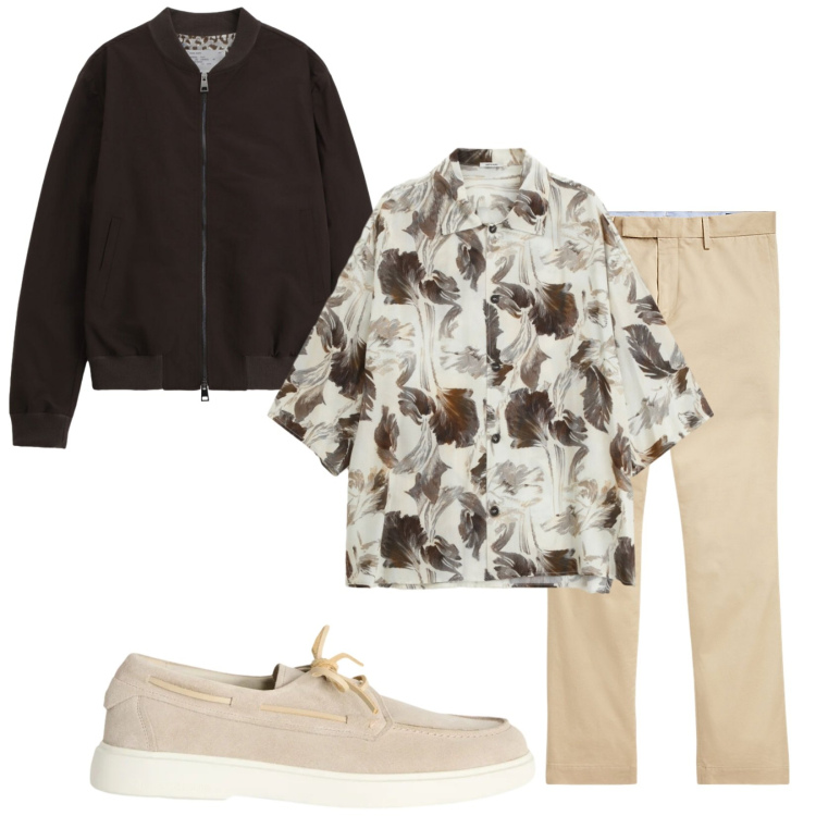 Outfit uomo - Total look #2378251. Stile Trendy per Serata speciale. Abbinamento con camicie a manica corta, bomber, scarpe stringate, pantaloni chino.