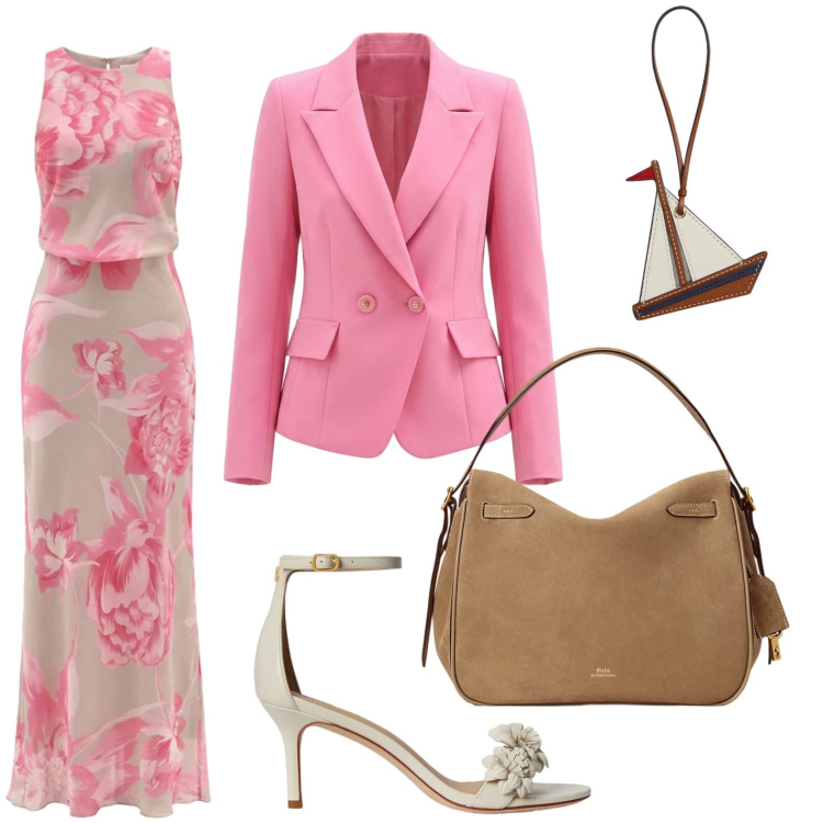 Outfit donna - Dress lungo. Stile Urban per Tutti i giorni. Abbinamento con vestiti lunghi, blazer, borse a mano, portachiavi, sandali in pelle.