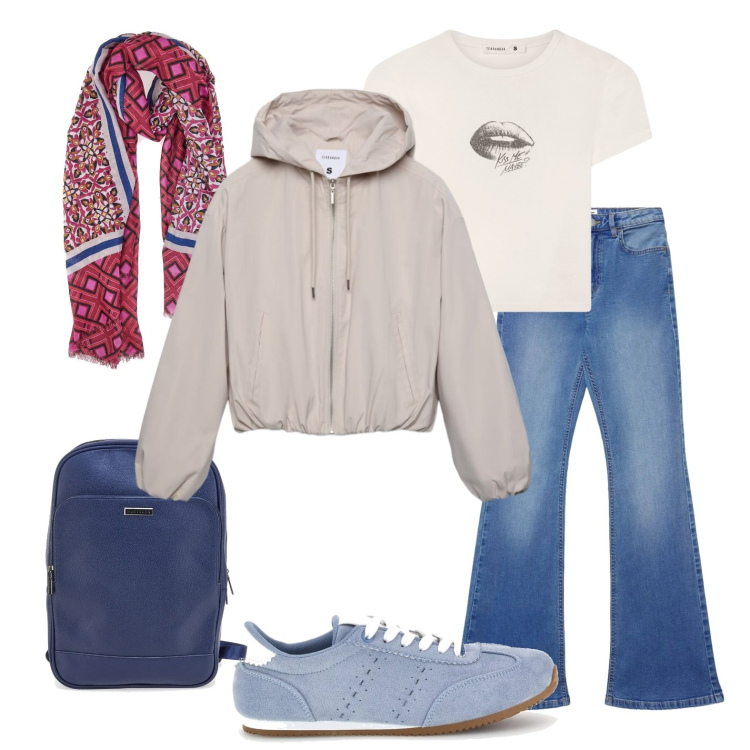 Outfit donna - Total look università. Stile Casual per Scuola/Università. Abbinamento con bomber, jeans a zampa, t-shirt, sneakers, foulard, zaini.