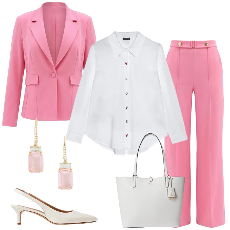 Outfit donna - Chic in Rosa. Stile Romantica per Tutti i giorni. Abbinamento con camicie, pantaloni a palazzo, blazer, décolleté, orecchini, borse tote.