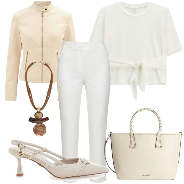Outfit donna - Total look #2378268. Stile Casual chic per Tutti i giorni. Abbinamento con shopping bag, t-shirt, giacche, pantaloni, ciondoli, décolleté.
