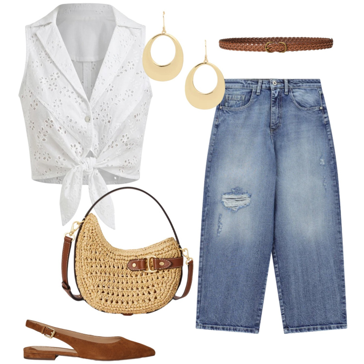 Outfit donna - Urban Safari & Denim. Stile Casual chic per Tutti i giorni. Abbinamento con top, jeans strappati, borse a tracolla, ballerine, orecchini, cinture.