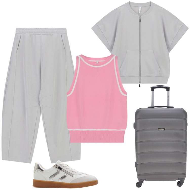 Outfit donna - Grigio & rosa a primavera. Stile Casual per Tutti i giorni. Abbinamento con sneakers, top, pantaloni a palazzo, piumini, valigie.