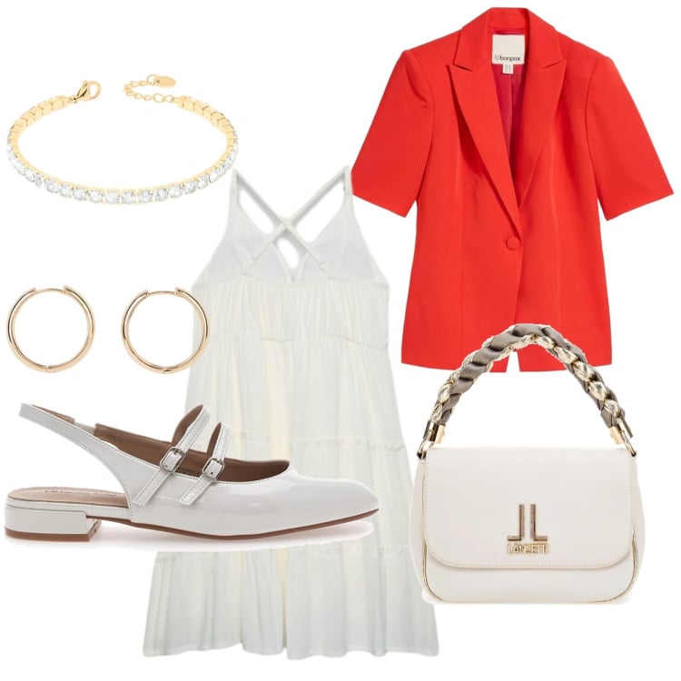 Outfit donna - L\'abito prendisole. Stile Urban per Tutti i giorni. Abbinamento con orecchini, blazer, braccialetti, borse a tracolla, ballerine, vestiti corti.