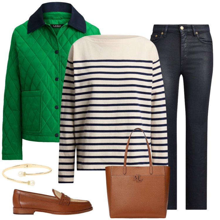 Outfit donna - Modern Preppy. Stile Preppy per Tutti i giorni. Abbinamento con borse tote, jeans dritti, giacche, maglieria, mocassini, braccialetti.