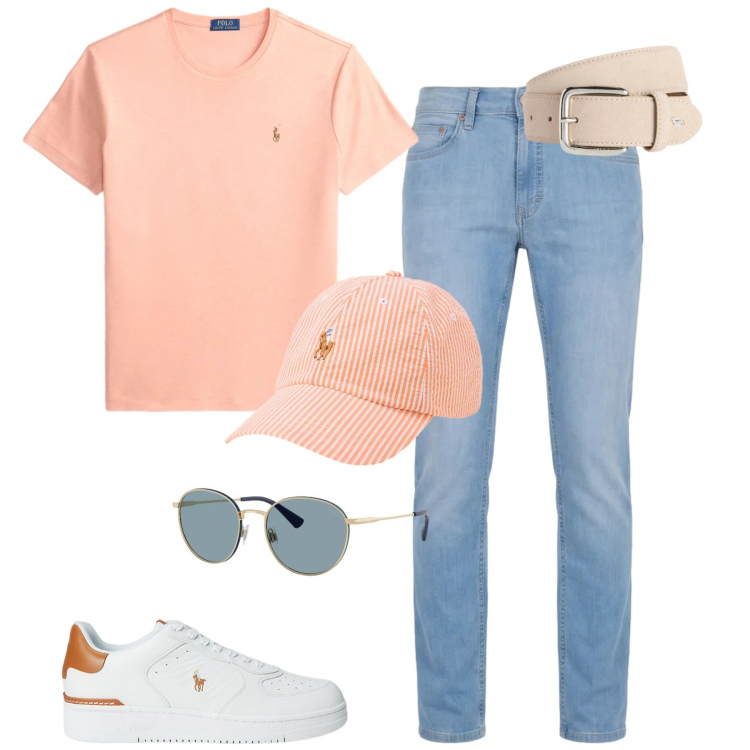 Outfit uomo - Aprile. Stile Casual per Tutti i giorni. Abbinamento con cinture, jeans, sneakers, cappelli con visiera, t-shirt, occhiali da sole.