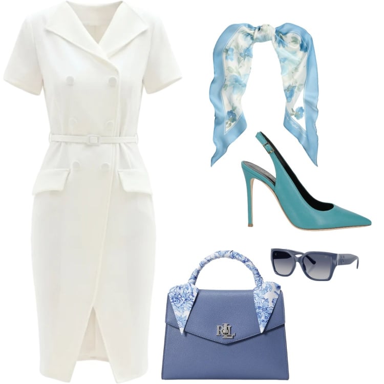 Outfit donna - Giornata di primavera. Stile Chic per Mare. Abbinamento con décolleté, vestiti midi/longuette, occhiali da sole, foulard, borse a mano.