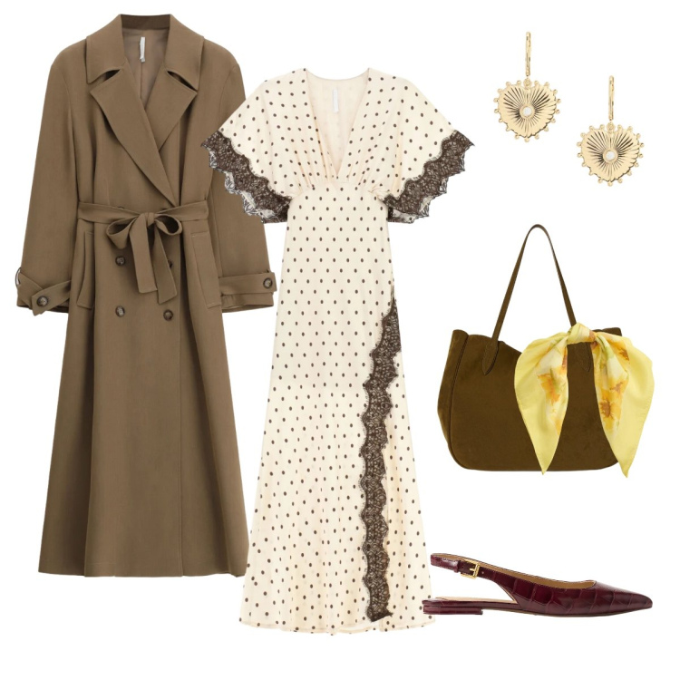 Outfit donna - Sweet autumn. Stile Casual chic per Tutti i giorni. Abbinamento con vestiti lunghi, trench, borse tote, ballerine, orecchini, foulard.
