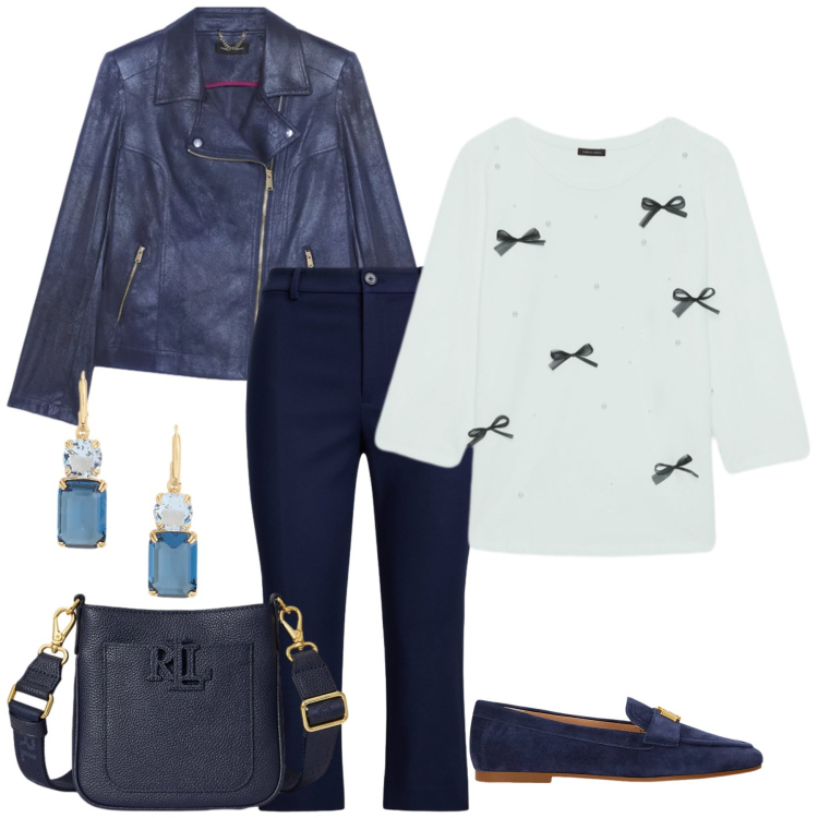 Outfit donna - L’Incontro tra Rock e Romanticismo. Stile Casual chic per Tutti i giorni. Abbinamento con blazer, t-shirt, mocassini, pantaloni, borse a tracolla, orecchini.