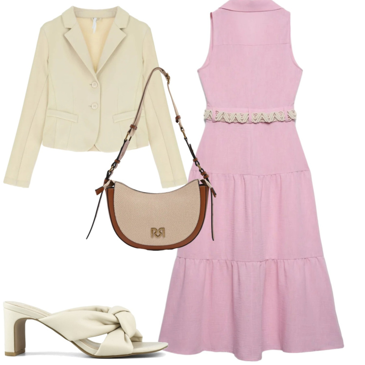 Outfit donna - Panna e fragola. Stile Urban per Tutti i giorni. Abbinamento con vestiti lunghi, blazer, borse a tracolla, sandali col tacco.