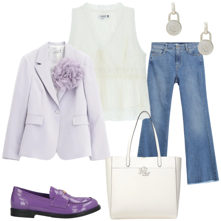 Outfit donna - Lavanda & Denim. Stile Casual chic per Tutti i giorni. Abbinamento con mocassini, blazer, jeans, top, orecchini, borse tote.