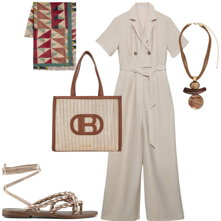 Outfit donna - La tuta stile safari. Stile Urban per Tutti i giorni. Abbinamento con tute, ciondoli, sciarpe, sandali in pelle, borse a spalla.