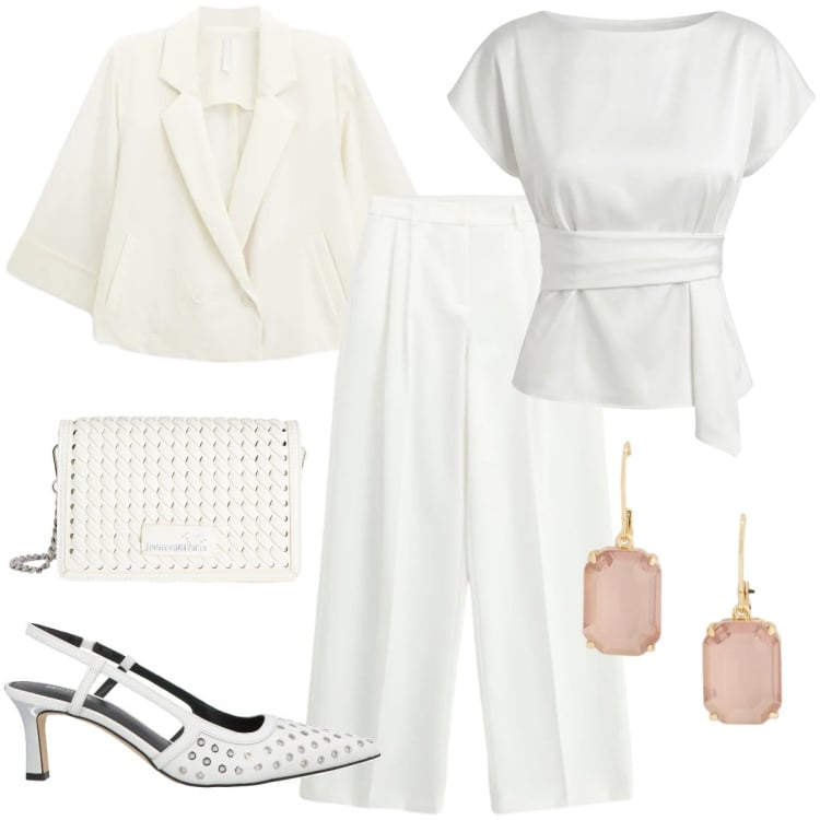 Outfit donna - Total look #2378293. Stile Chic per Cerimonia. Abbinamento con décolleté, pantaloni a palazzo, blazer, bluse, borse a tracolla, orecchini.