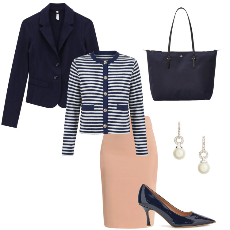 Outfit donna - Abbinamento blazer blu. Stile Casual chic per Ufficio. Abbinamento con blazer, gonne longuette, cardigans, orecchini, borse tote, décolleté.