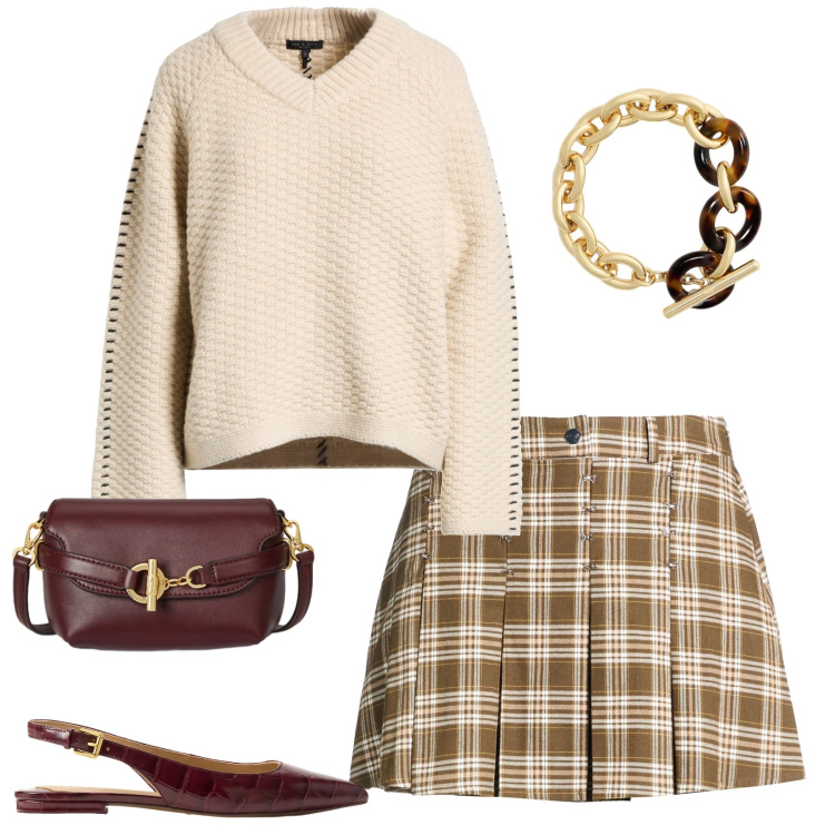 Outfit donna - Modern Academy. Stile Casual chic per Tutti i giorni. Abbinamento con pullovers, minigonne, ballerine, borse a tracolla, braccialetti.
