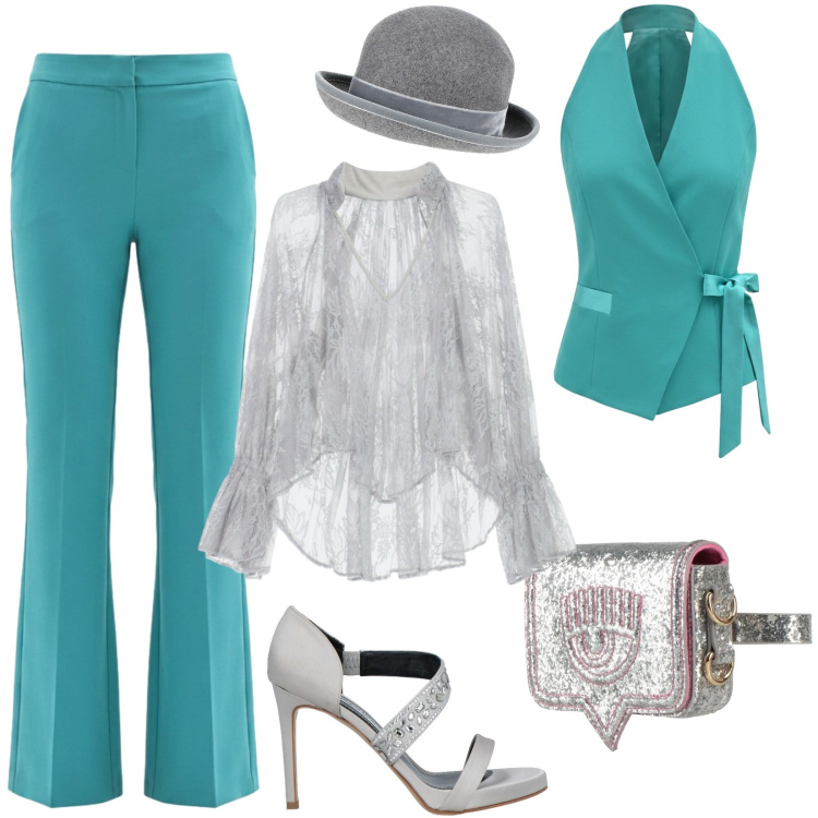 Outfit donna - Grigio & verde smeraldo a primavera. Stile Chic per Cerimonia. Abbinamento con marsupi, cappelli, sandali in pelle, bluse, gilet, pantaloni a palazzo.