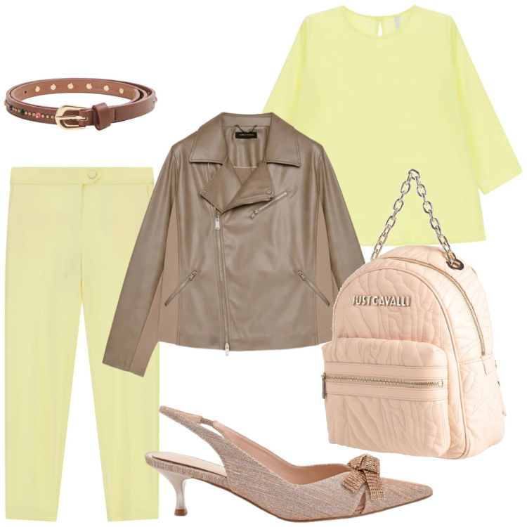 Outfit donna - Touch yellow. Stile Minimal per Tutti i giorni. Abbinamento con zaini, blazer, top, pantaloni, décolleté, cinture.