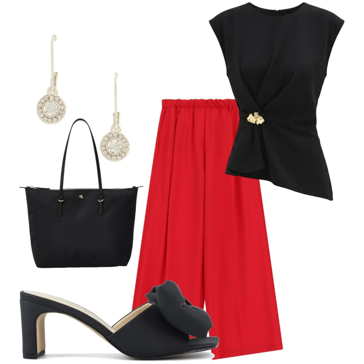 Outfit donna - Total look #2378299. Stile Chic per Tutti i giorni. Abbinamento con pantaloni a palazzo, top, borse tote, orecchini, sandali col tacco.