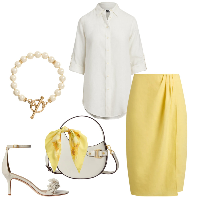 Outfit donna - Sun-Kissed Linen. Stile Casual chic per Tutti i giorni. Abbinamento con camicie, borse a tracolla, sandali in pelle, gonne, collane, foulard.