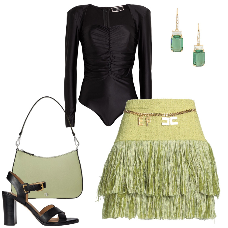 Outfit donna - L’Anima Glamour del Verde Lime. Stile Glamour per Serata fuori. Abbinamento con minigonne, body, borse a spalla, sandali in pelle, orecchini.