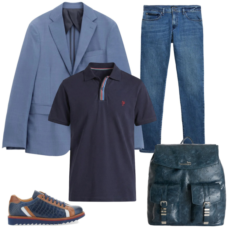 Outfit uomo - Blue Shades. Stile Urban per Tutti i giorni. Abbinamento con giacche, borse sportive, polo, jeans, scarpe stringate.