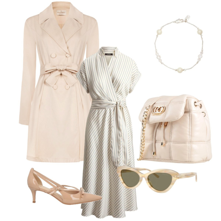 Outfit donna - Colazione al parco. Stile Chic per Tutti i giorni. Abbinamento con décolleté, valigie, trench, vestiti midi/longuette, occhiali da sole, braccialetti.