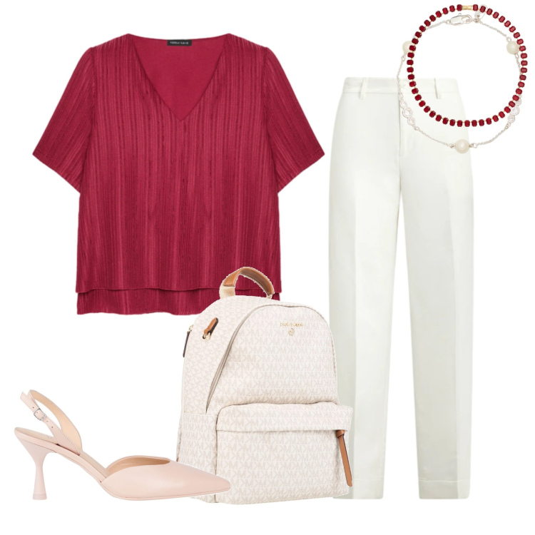 Outfit donna - L\'Eleganza Plissettata per la Città. Stile Casual chic per Tutti i giorni. Abbinamento con décolleté, zaini, t-shirt, collane, pantaloni, braccialetti.