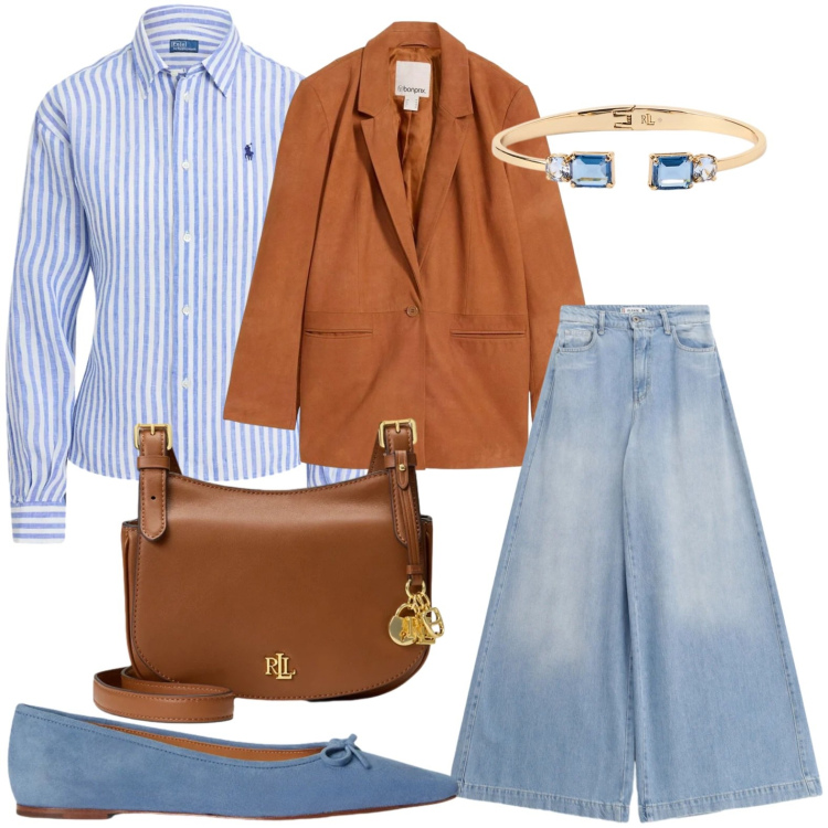 Outfit donna - Cuoio e jeans. Stile Urban per Ufficio. Abbinamento con blazer, jeans, ballerine, borse a tracolla, braccialetti, camicie.