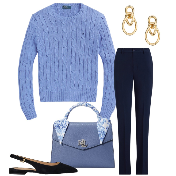 Outfit donna - Cornflower Blue & Navy. Stile Casual chic per Tutti i giorni. Abbinamento con orecchini, ballerine, pantaloni, maglieria, borse a mano.