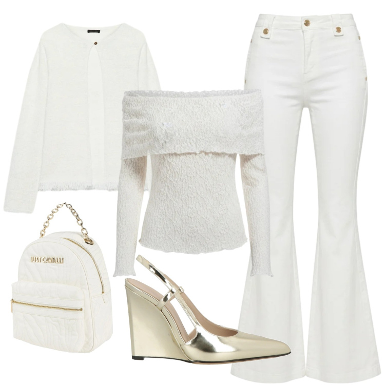 Outfit donna - Bianco luminoso. Stile Casual chic per Ufficio. Abbinamento con décolleté, zaini, pantaloni chino, bluse, cardigans.