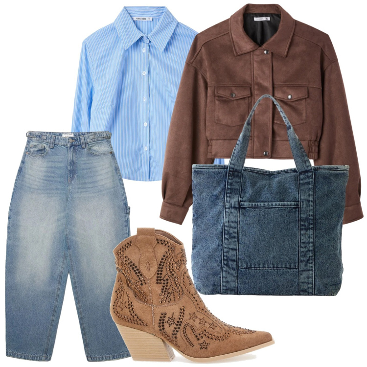 Outfit donna - Cowgirl. Stile Urban per Tutti i giorni. Abbinamento con shopping bag, jeans, bomber, camicie, stivaletti texani.