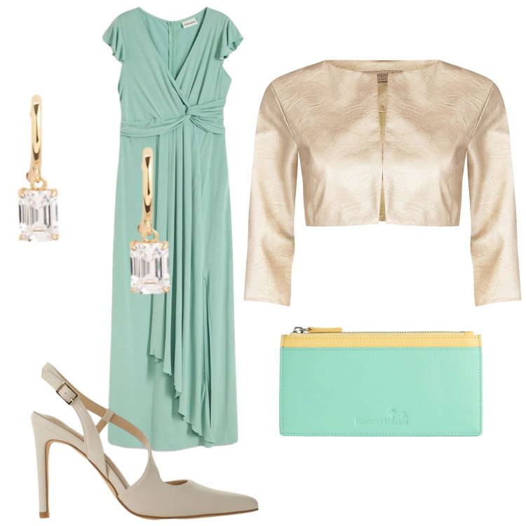 Outfit donna - L\'abito drappeggiato. Stile Romantica per Cerimonia. Abbinamento con vestiti lunghi, décolleté, bolero, portafogli, orecchini.