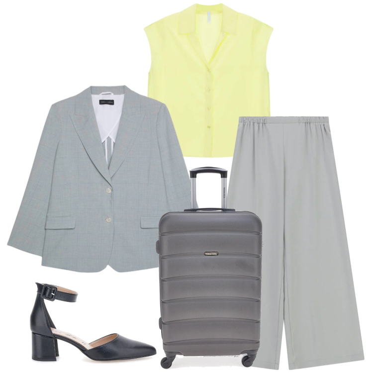 Outfit donna - Viaggio di lavoro. Stile Chic per Ufficio. Abbinamento con blazer, camicie a manica corta, pantaloni a palazzo, décolleté, valigie.