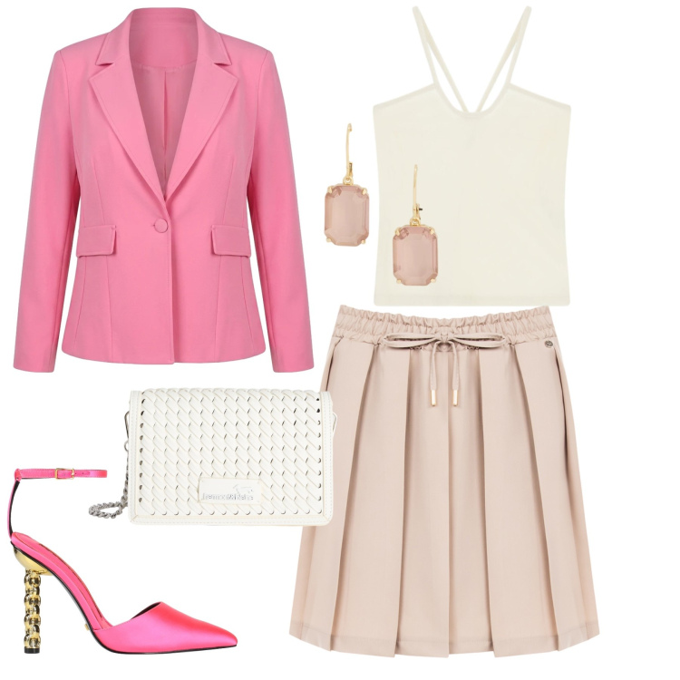 Outfit donna - Pink. Stile Casual chic per Tutti i giorni. Abbinamento con décolleté, canottiere, minigonne, blazer, borse a tracolla, orecchini.