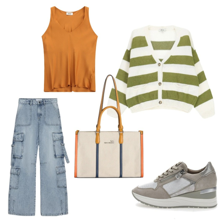 Outfit donna - Total look #2378325. Stile Casual per Ufficio. Abbinamento con jeans, borse tote, top, cardigans, scarpe stringate.