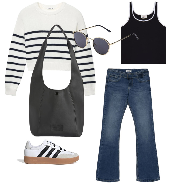 Outfit donna - Sportivo. Stile Basic per Tutti i giorni. Abbinamento con occhiali da sole, jeans a zampa, maglieria, canottiere, borse a spalla, sneakers.