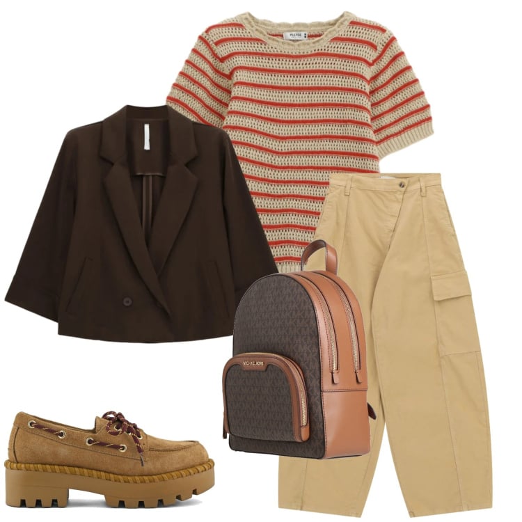 Outfit donna - Total look #2378333. Stile Casual chic per Tutti i giorni. Abbinamento con zaini, blazer, t-shirt, pantaloni cargo, mocassini.