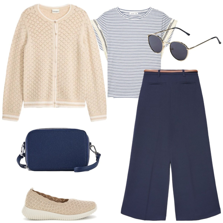 Outfit donna - Passeggiata. Stile Casual per Tutti i giorni. Abbinamento con cardigans, occhiali da sole, borse a tracolla, pantaloni culotte, t-shirt, ballerine.