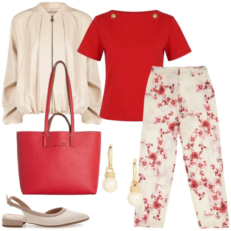 Outfit donna - Fiori di pesco. Stile Casual chic per Tutti i giorni. Abbinamento con pantaloni, t-shirt, bomber, shopping bag, orecchini, ballerine.