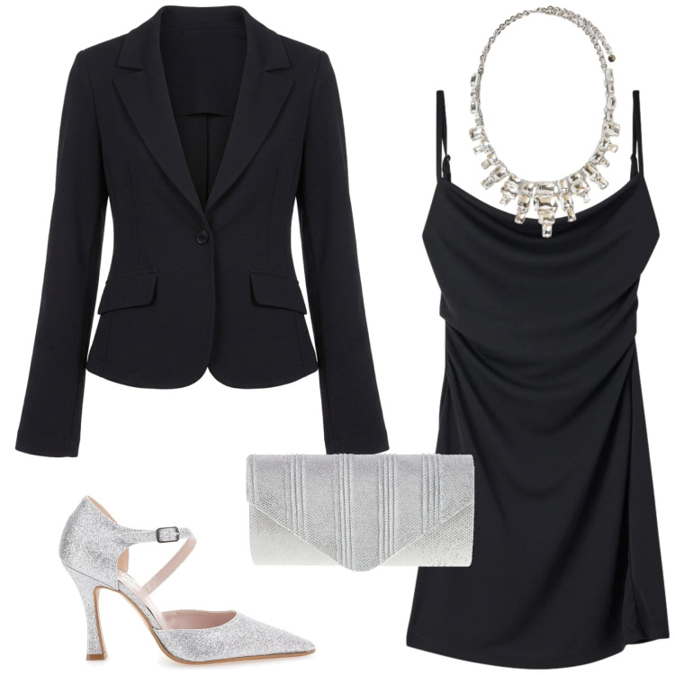 Outfit donna - Total look #2378340. Stile Sexy per Serata fuori. Abbinamento con collane, blazer, vestiti corti, décolleté, pochette.