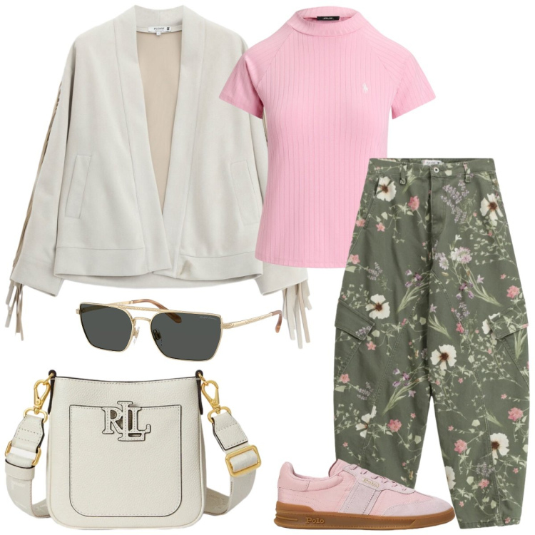 Outfit donna - Romantica e dinamica. Stile Casual chic per Tutti i giorni. Abbinamento con pantaloni cargo, blazer, occhiali da sole, borse a tracolla, t-shirt, sneakers.