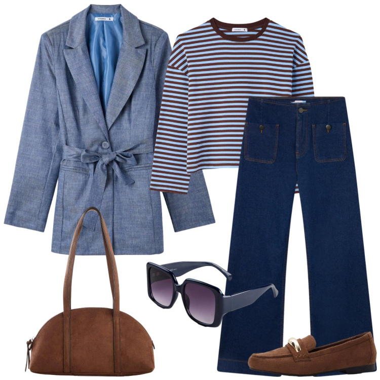 Outfit donna - Tempo libero. Stile Casual chic per Tutti i giorni. Abbinamento con mocassini, occhiali da sole, borse a tracolla, blazer, t-shirt, jeans.